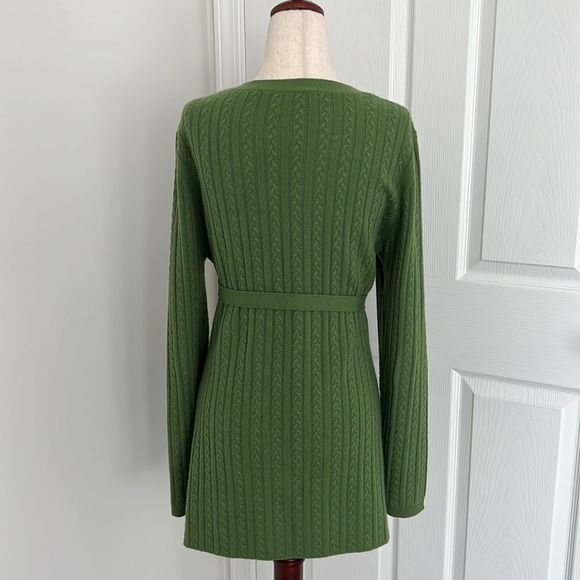 Gene Meyer 100% cashmere cardigan with belt green grass sz  large - Picture 5 of 10
